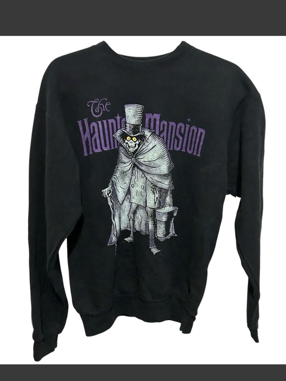 Disney Black Haunted Mansion Graphic Crewneck Sweatshirt with Purple Lettering